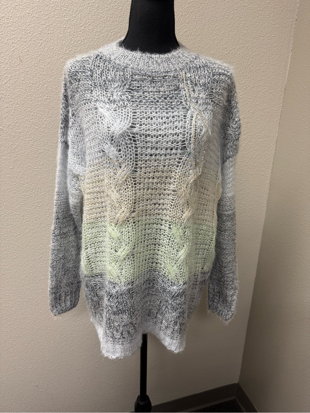 Davi & Dani Ombre Knit Sweater Gray Green Beaded Fuzzy Cozy Winter Chic
